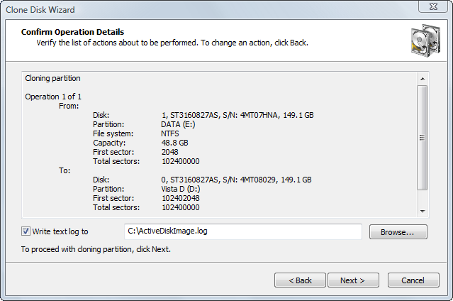 Disk Image software. Confirming Clone Details