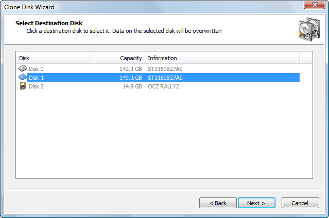Disk Image software. Selecting a Destination Disk