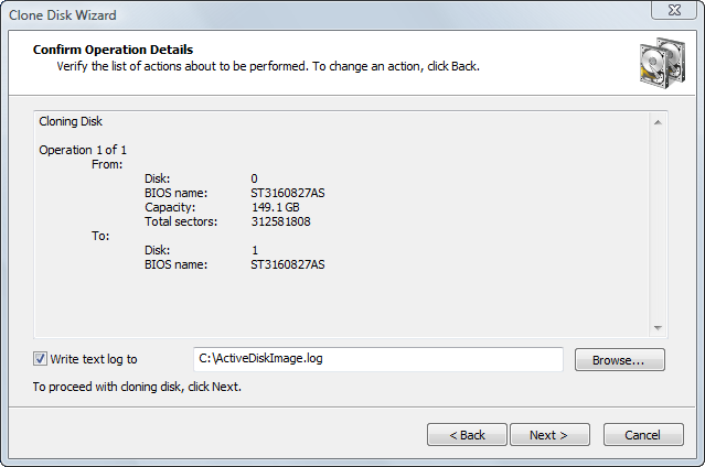 Disk Image software.Confirming Clone Details