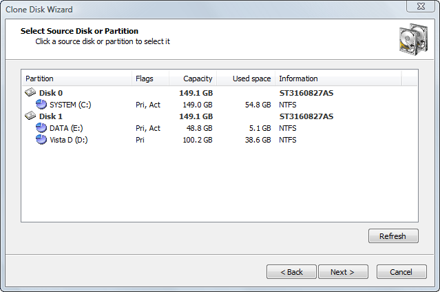 Selecting a Source Disk or Partition