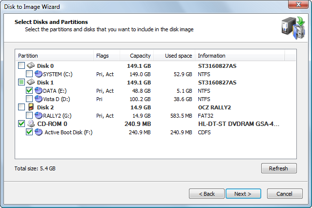 Disk image: Selecting Disks and Partitions