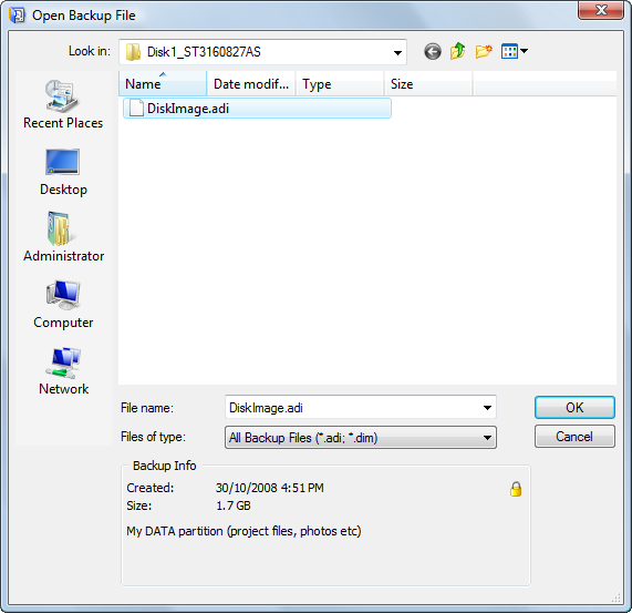 Disk Image open backup file