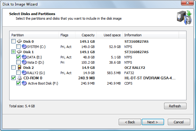 Selecione Disks and Partitions for Imaging