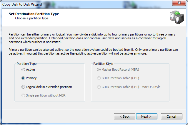 Disk Image software.Set Destination Partition Type