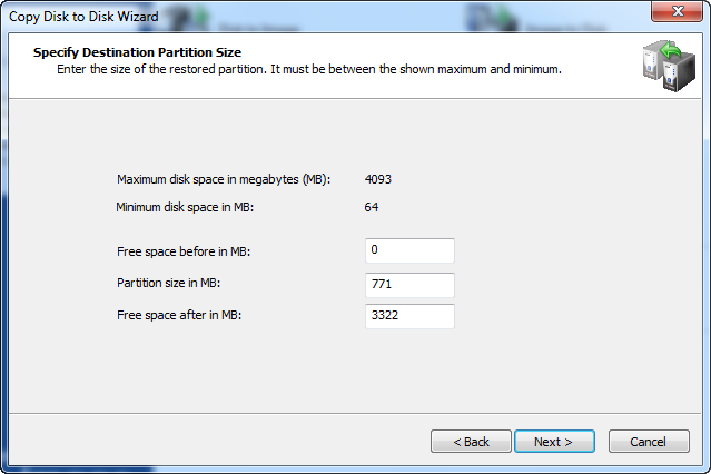 Disk Image software.Specify Destination Partition Size