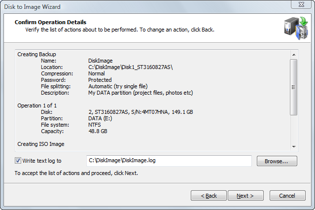 Disk Image software. Confirming the Disk Image Details