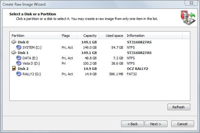 Disk Image Selecting a Disk or a Partition