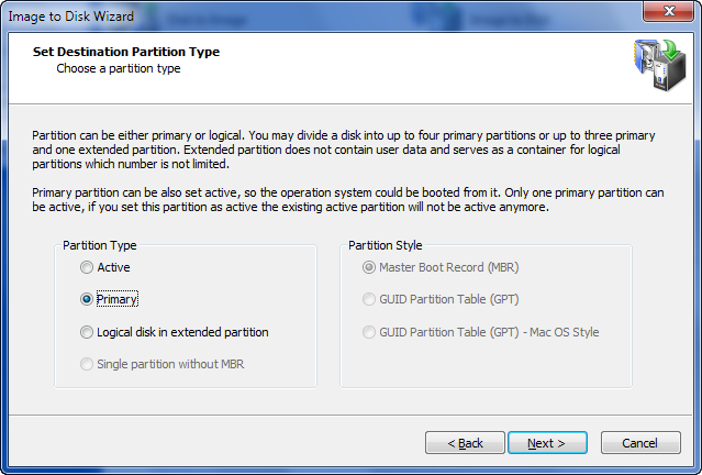 Set destination partition type