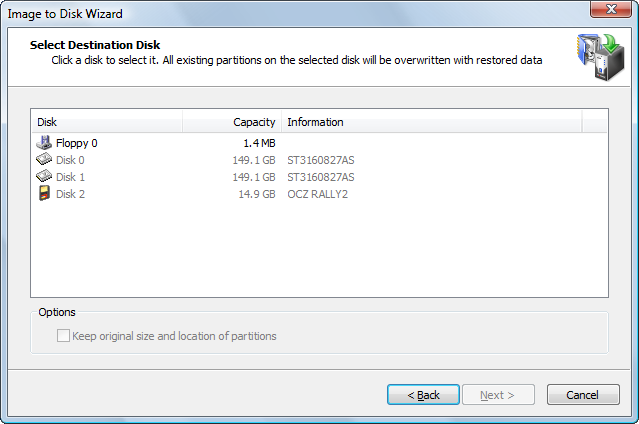 Selecting a destination for a floppy image