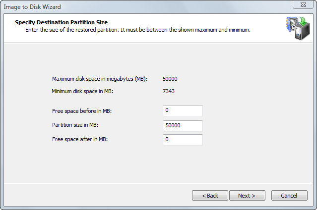 Specify Destination Partition Size