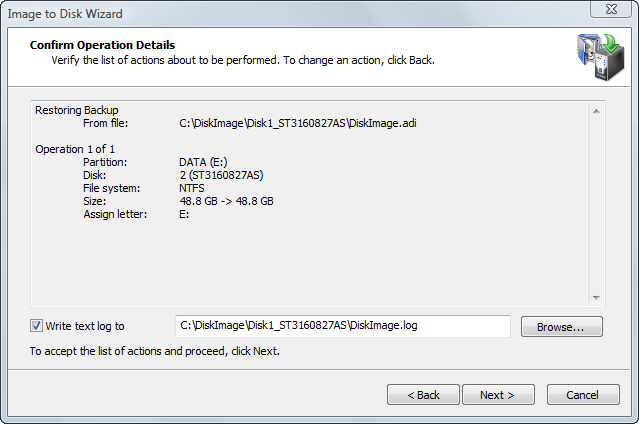 Disk Image. Confirming Restore Details