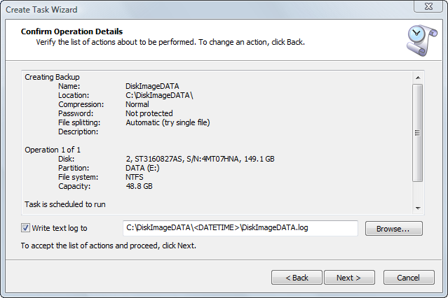 Disk Image software: Confirming Task Details