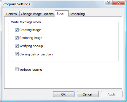 Hard Drive backup: Logs Settings