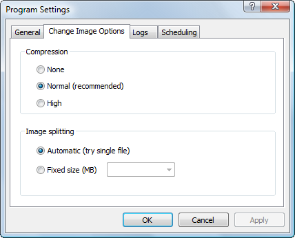 Hard Drive backup: Image Options Settings