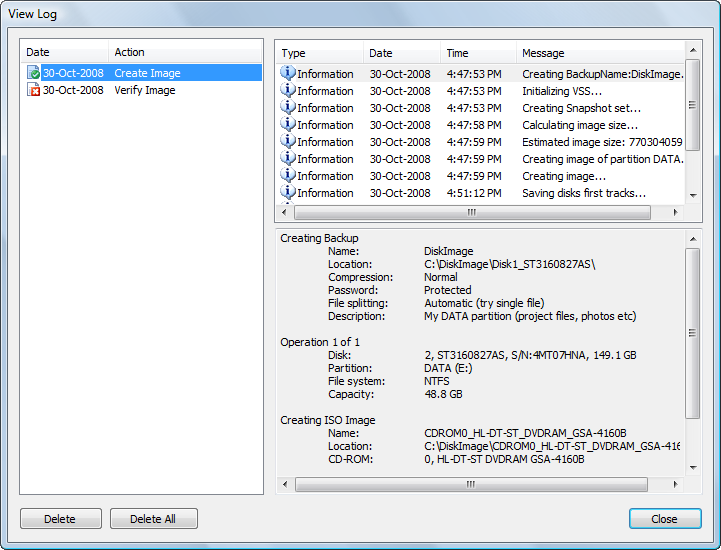 Disk Image view log